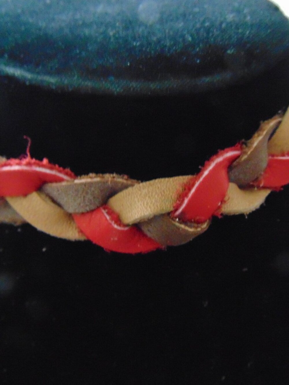 Native American made braided red brown leather choker, headband, arm band indige